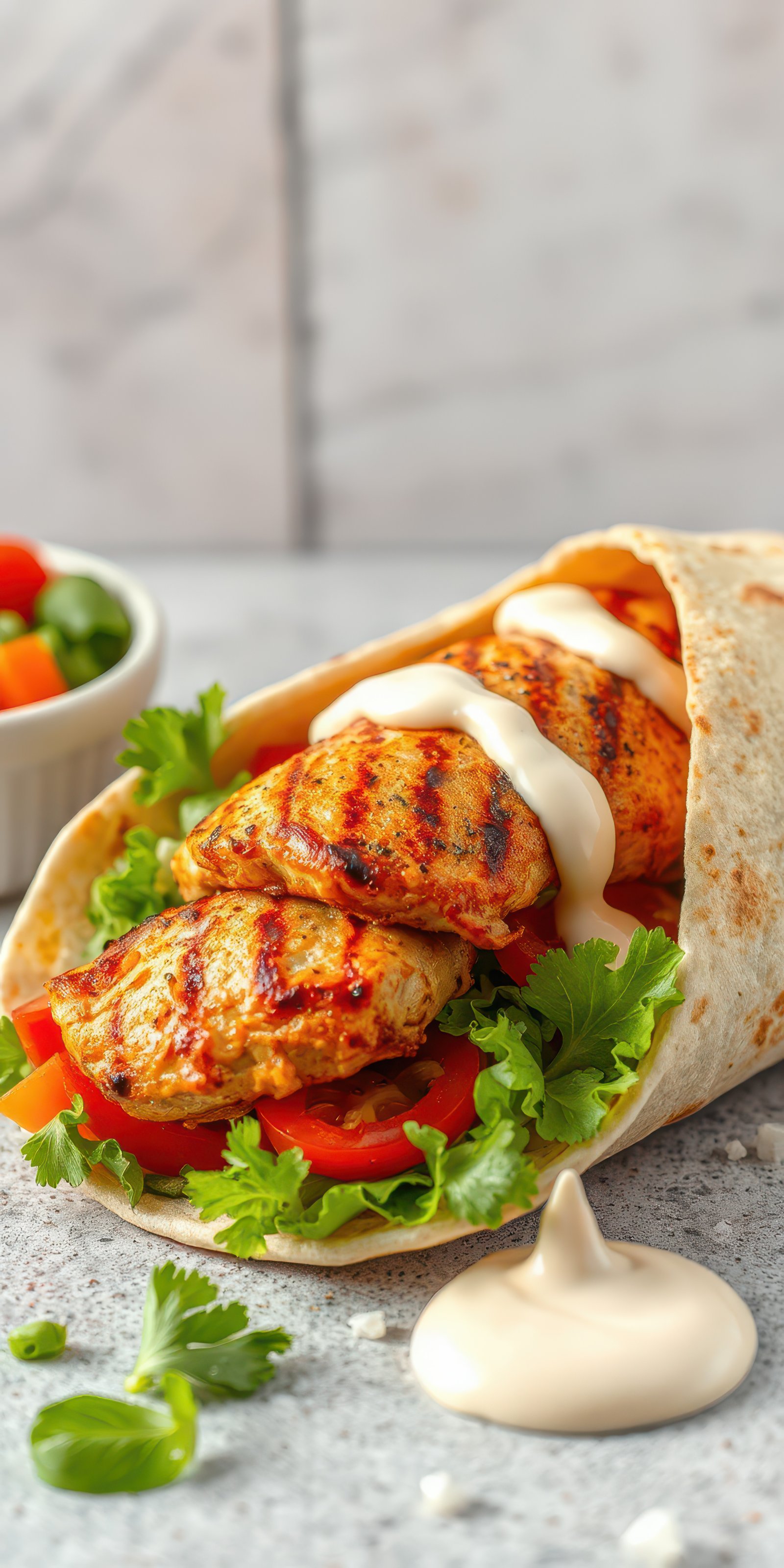 Delicious grilled chicken wrap with fresh vegetables and creamy sauce served on a gray countertop